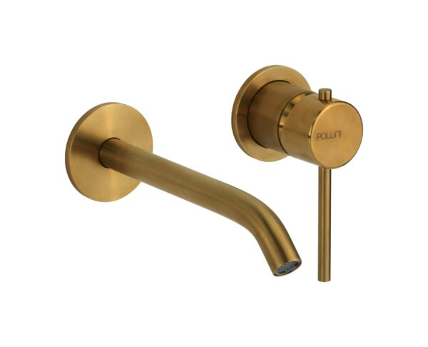 Miscelatore lavabo a parete in acciaio PVD oro spazzolato senza piletta di scarico Pollini Marla 24220IOS