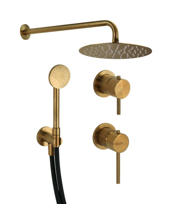 Kit doccia completo con miscelatore meccanico e deviatore 2 vie in acciaio PVD oro spazzolato Pollini Marla 24235IOS