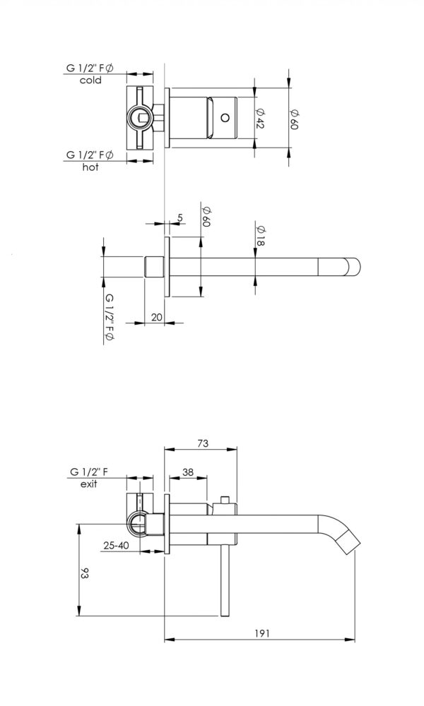 Miscelatore lavabo a parete in acciaio PVD oro spazzolato senza piletta di scarico Pollini Marla 24220IOS - immagine 4
