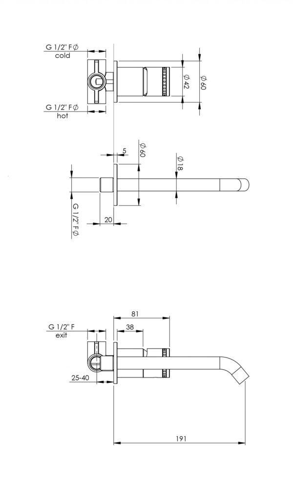 Miscelatore lavabo a parete in acciaio PVD rame spazzolato con maniglia luxury senza piletta di scarico Pollini Oud 25220IRA - immagine 4