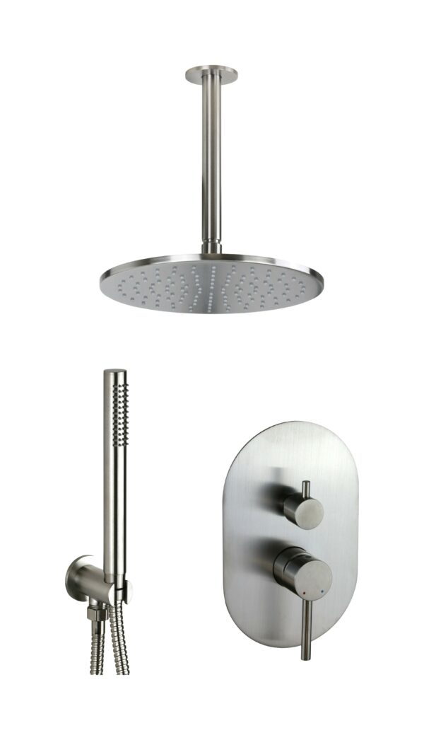 Kit doccia completo modello tondo in acciaio AISI 316 con braccio doccia a soffitto Jessy Steel MY107I260AS