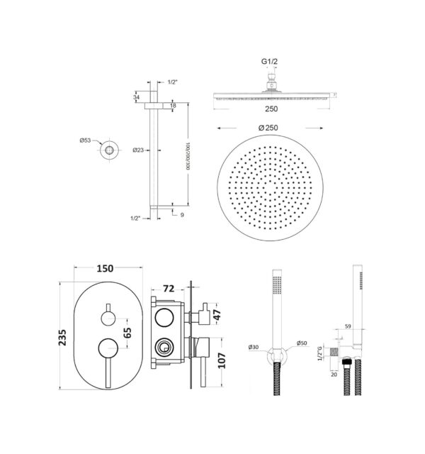 Kit doccia completo modello tondo in acciaio AISI 316 con braccio doccia a soffitto Jessy Steel MY107I260AS - immagine 5